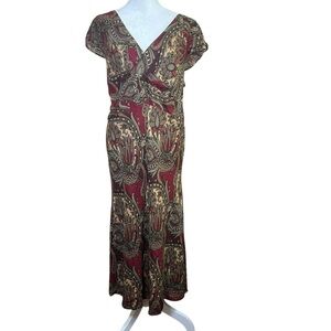 LOFT Paisley Boho Long Dress Cap Sleeve Size 16 Wool Blend Lined Surplice Modest